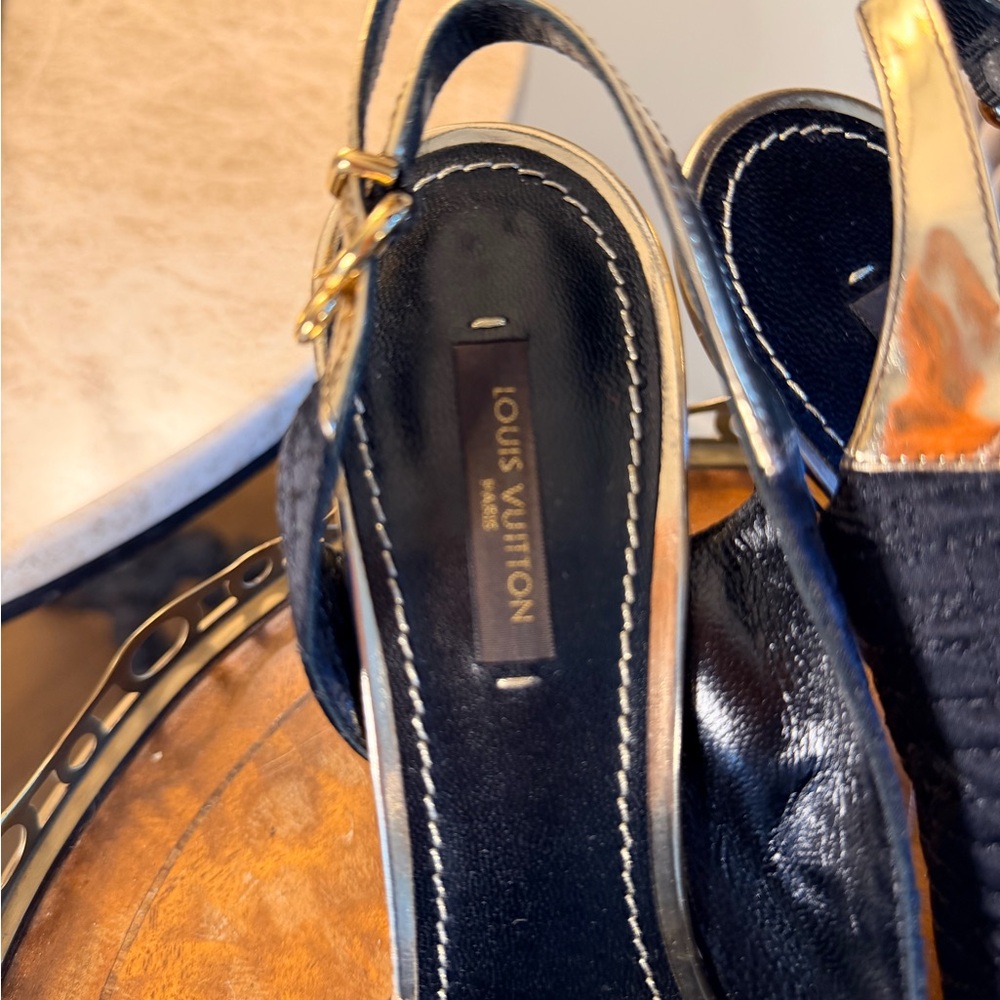 Louis Vuitton Gold and Black Slingback Peep-Toe Heels - Picture 2 of 5